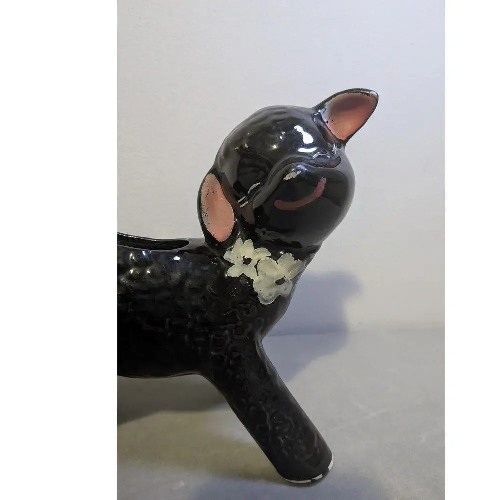 Vintage 1950s Black Lamb Ceramic Planter Kitsch Sheep Pot - AS IS / Worn